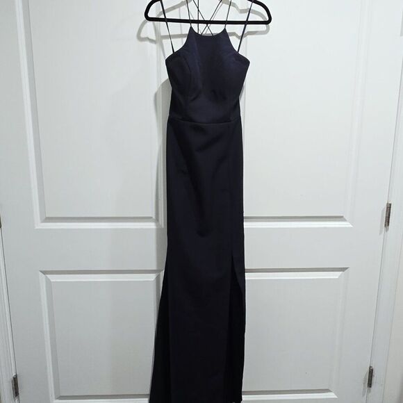 New Bariano - L Navy Blue High-Neck Cross-Back Gown $230 - Picture 4 of 8